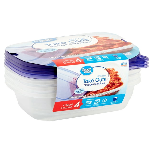 Great Value Take Outs 32 fl oz Storage Container, 4 count