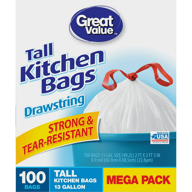 Great Value Tall Drawstring Kitchen Bags, 13 Gallon, White, 100 Ct