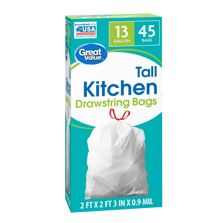 Basics Tall Kitchen Drawstring Trash Bags, Clean Fresh Scent, 13  Gallon, 45 Count (Previously Solimo)