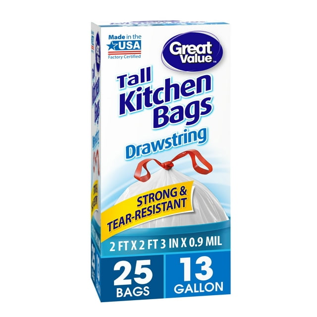 Great Value Tall Kitchen Drawstring Trash Bags, 13 Gallon, 25 Count
