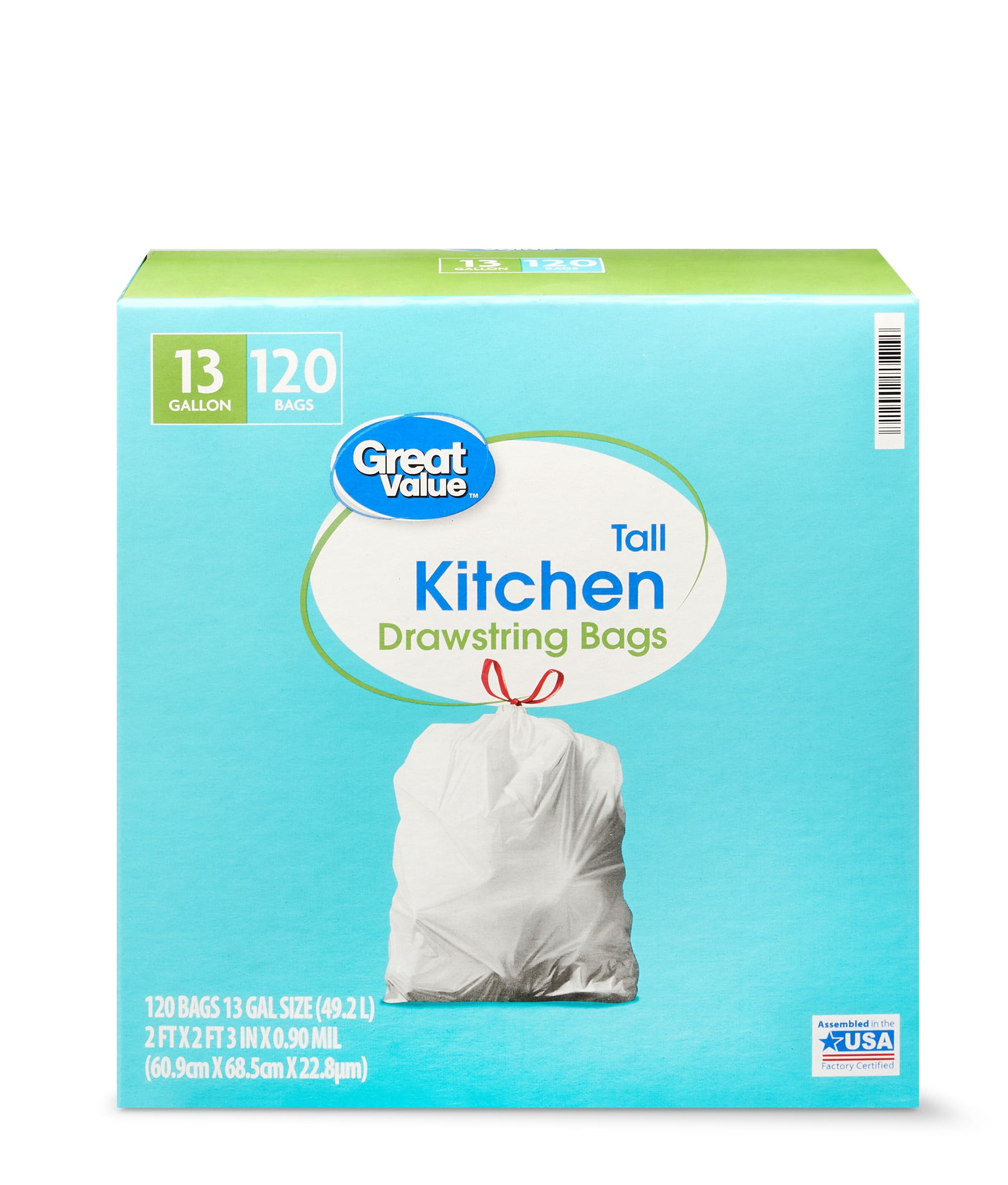 Great Value Tall Kitchen Trash Bags 13 Gallon, 120 Bags, Drawstring
