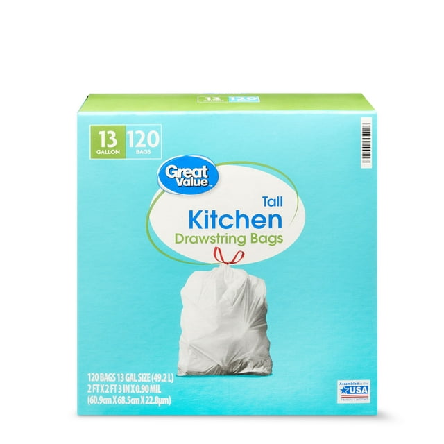 Great Value Tall Kitchen Trash Bags 13 Gallon, 120 Bags, Drawstring