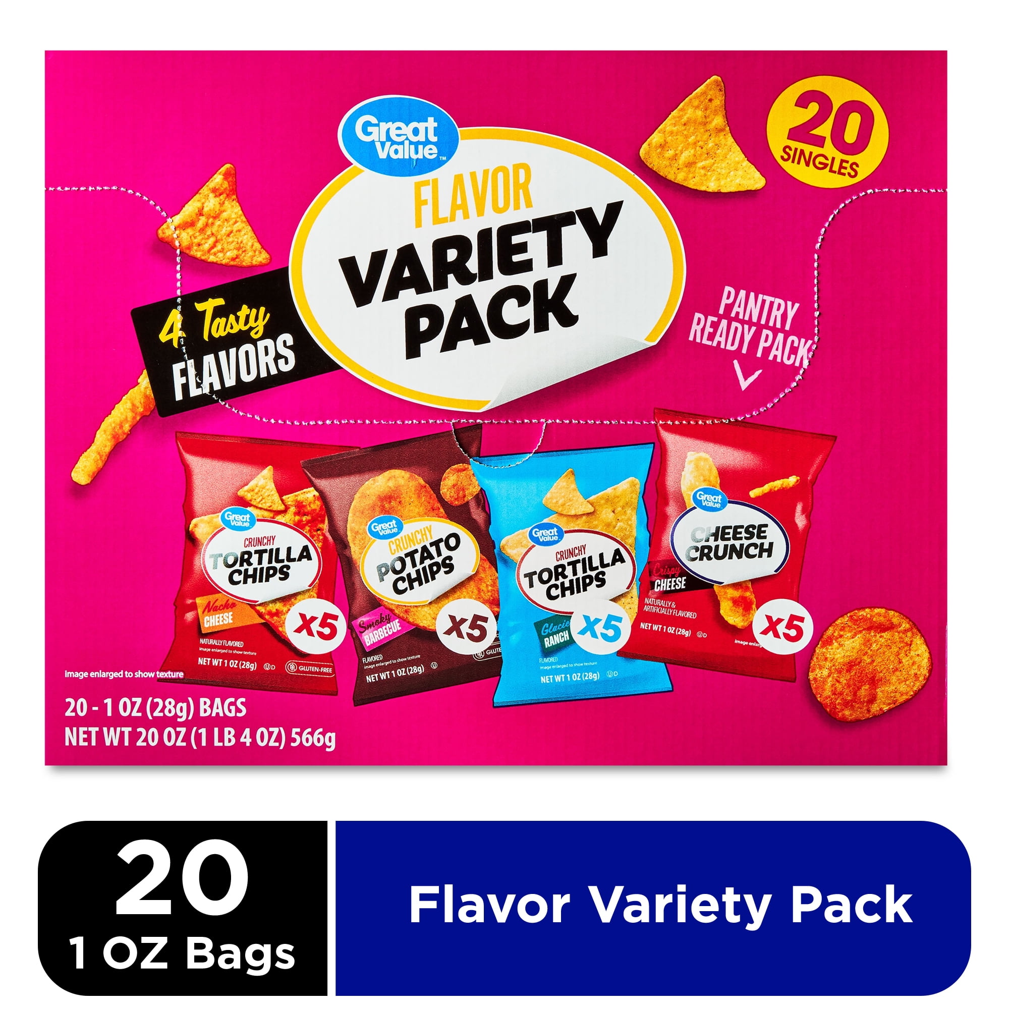 Great Value Tasty Chips Variety Pack, 1 oz, 20 Count