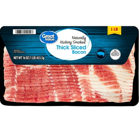 product image of Great Value Thick Sliced Bacon Hickory Smoked, 16 oz