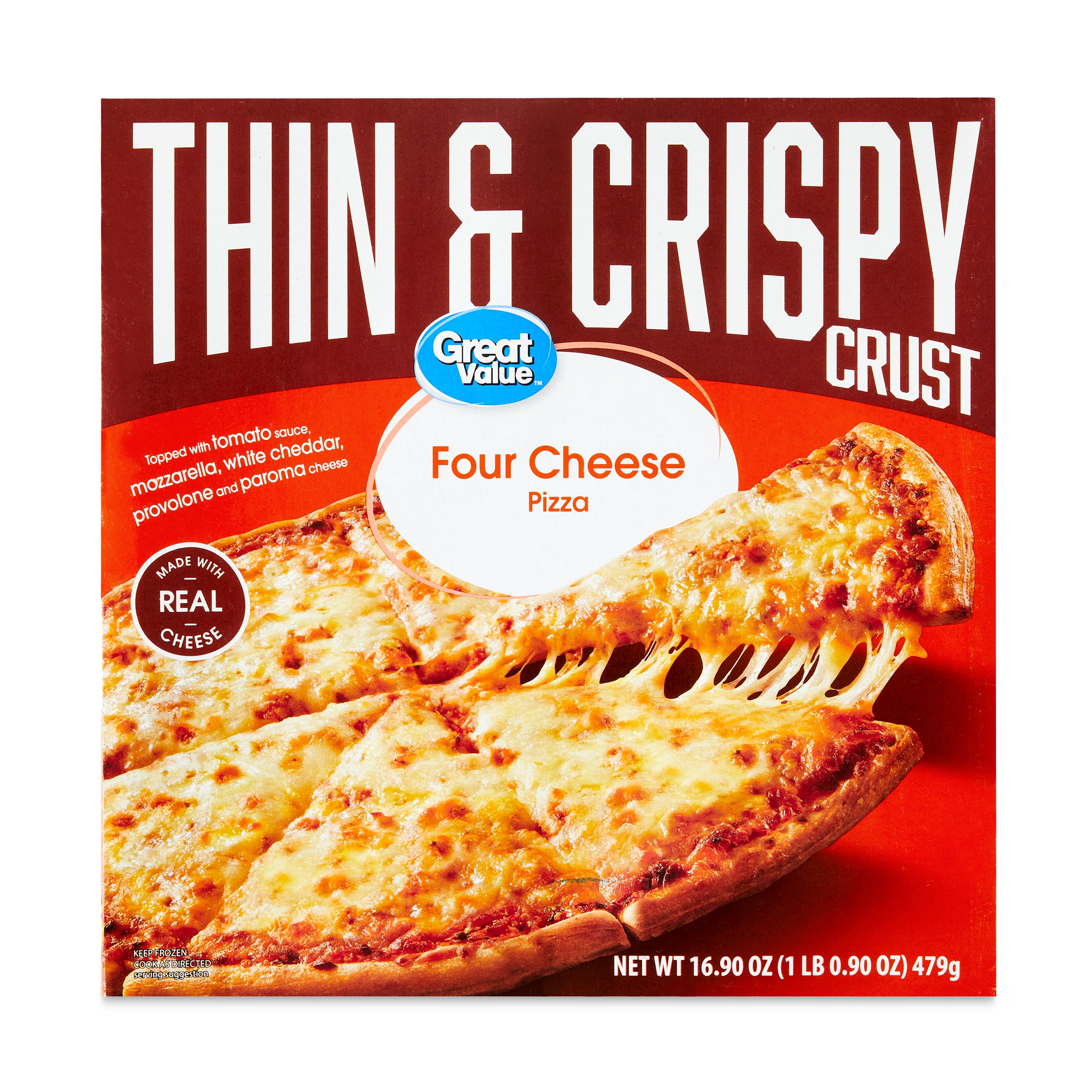 Great Value Thin Crust Four Cheese Pizza, Tomato Basil Garlic Sauce, 16.9oz (Frozen)