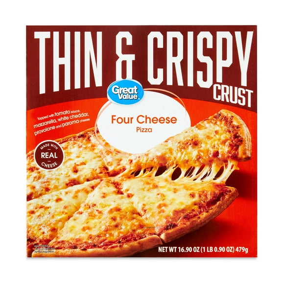 Great Value Thin Crust Four Cheese Pizza, Tomato Basil Garlic Sauce, 16.9 oz (Frozen)