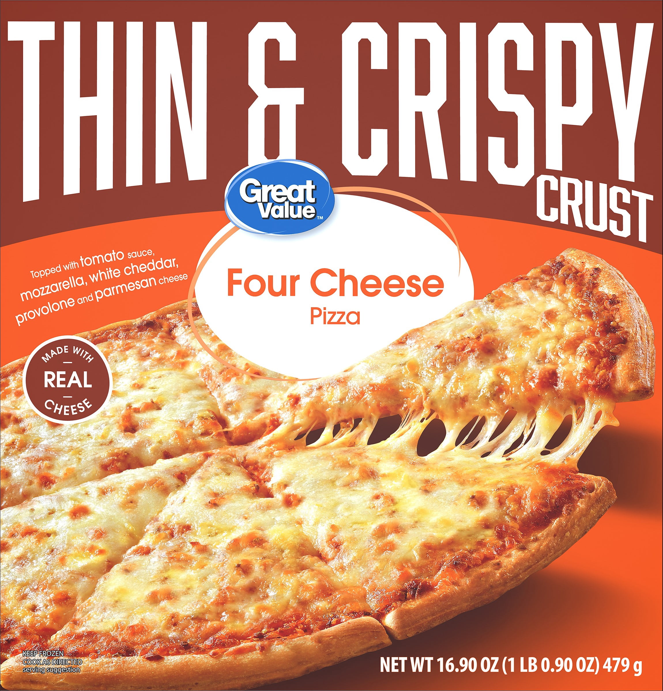 Great Value Thin Crust Four Cheese Pizza, Tomato Basil Garlic Sauce, 16.9 oz (Frozen)