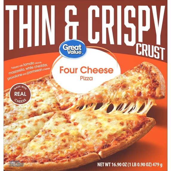 Great Value Thin Crust Four Cheese Pizza, Tomato Basil Garlic Sauce, 16.9 oz (Frozen)