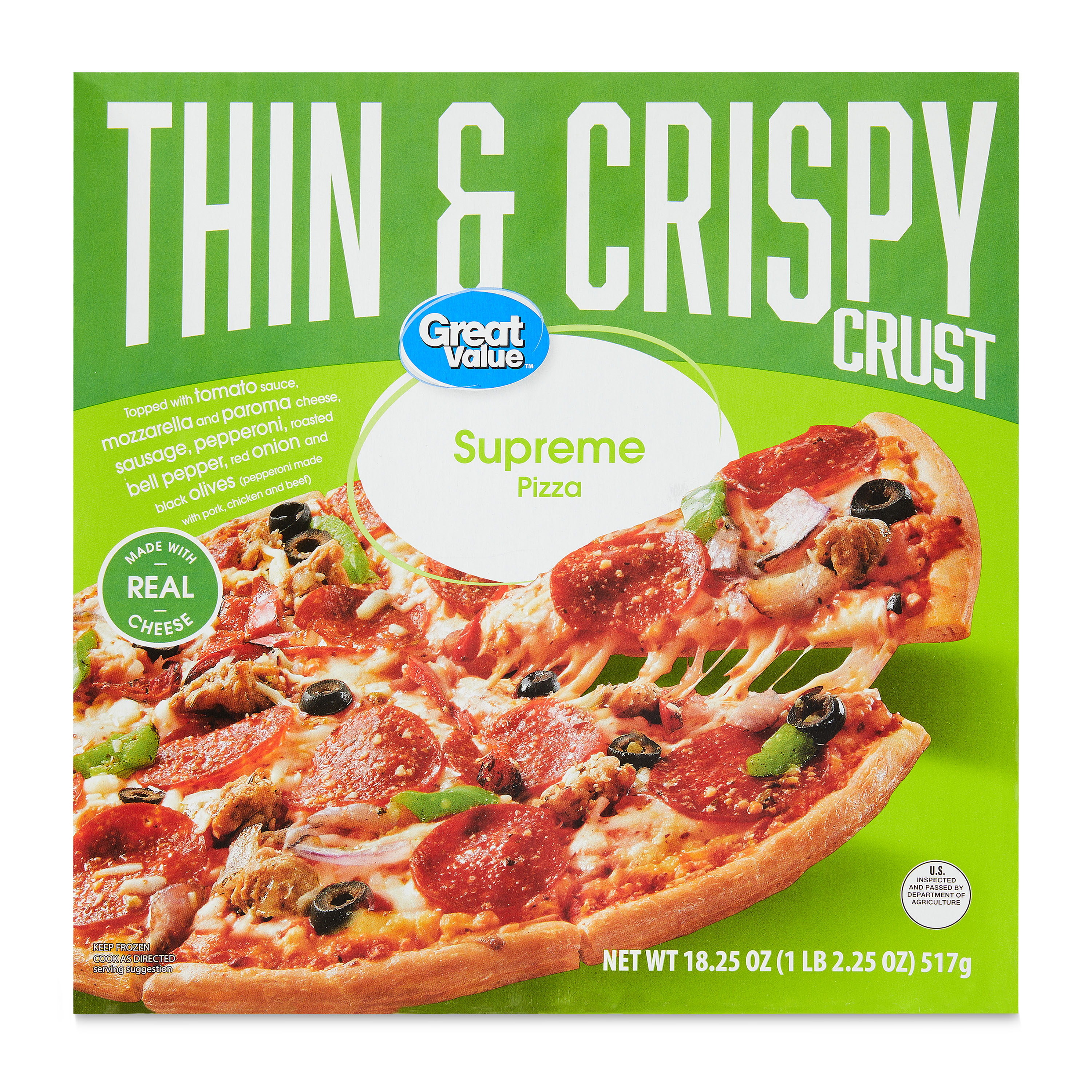 Great Value Thin Crust Supreme Pizza, Tomato Basil Garlic Sauce, 18.25 oz (Frozen) - image 1 of 8
