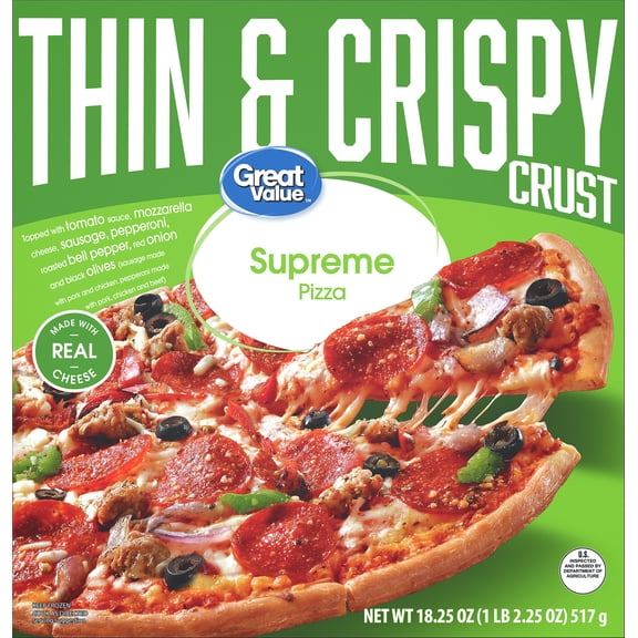 Great Value Thin Crust Supreme Pizza, Tomato Basil Garlic Sauce, 18.25 oz (Frozen)