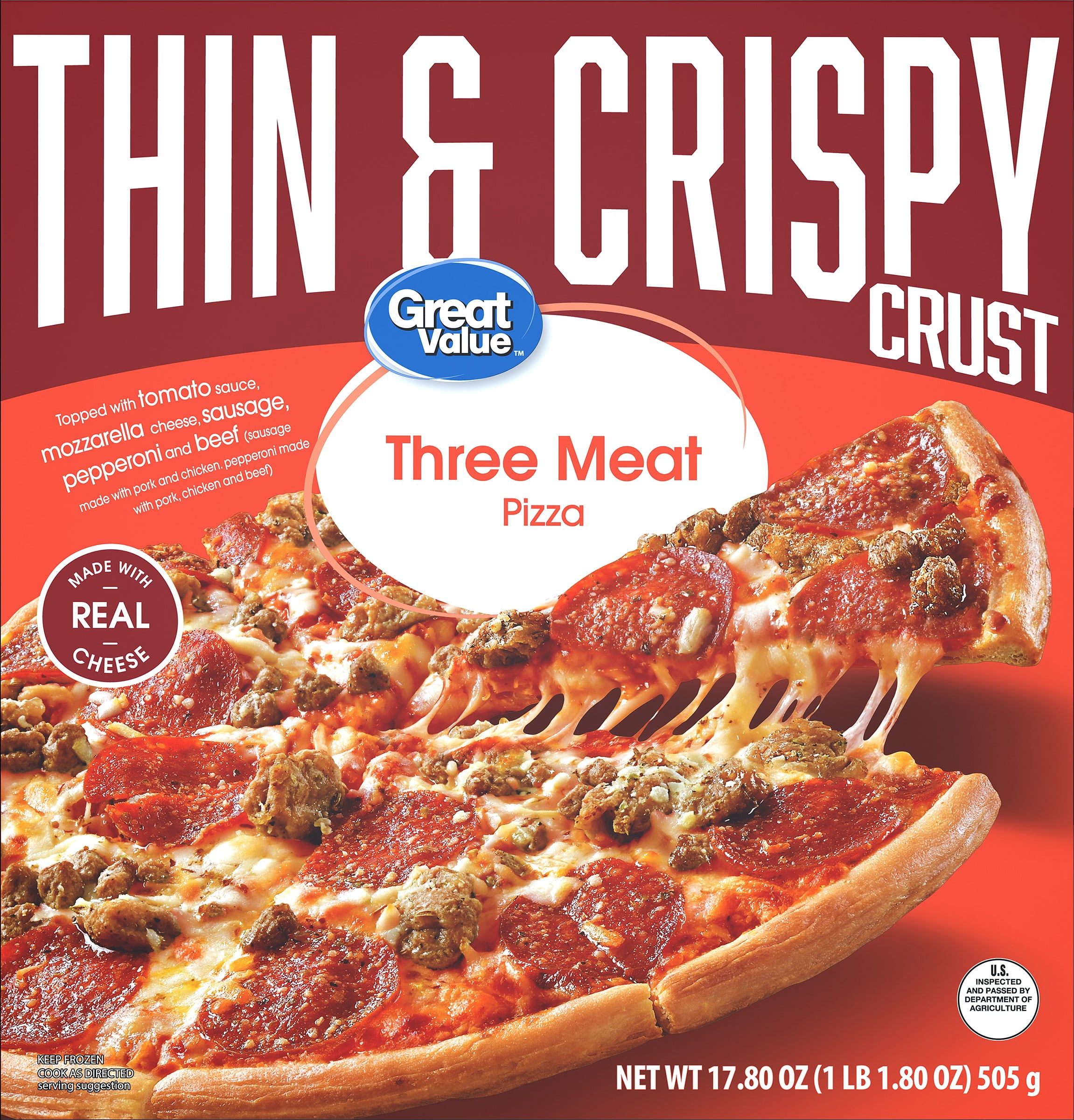 Great Value Thin Crust Three Meat Pizza, Tomato Basil Garlic Sauce, 17.8 oz (Frozen)