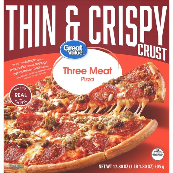 Great Value Thin Crust Three Meat Pizza, Tomato Basil Garlic Sauce, 17.8 oz (Frozen)