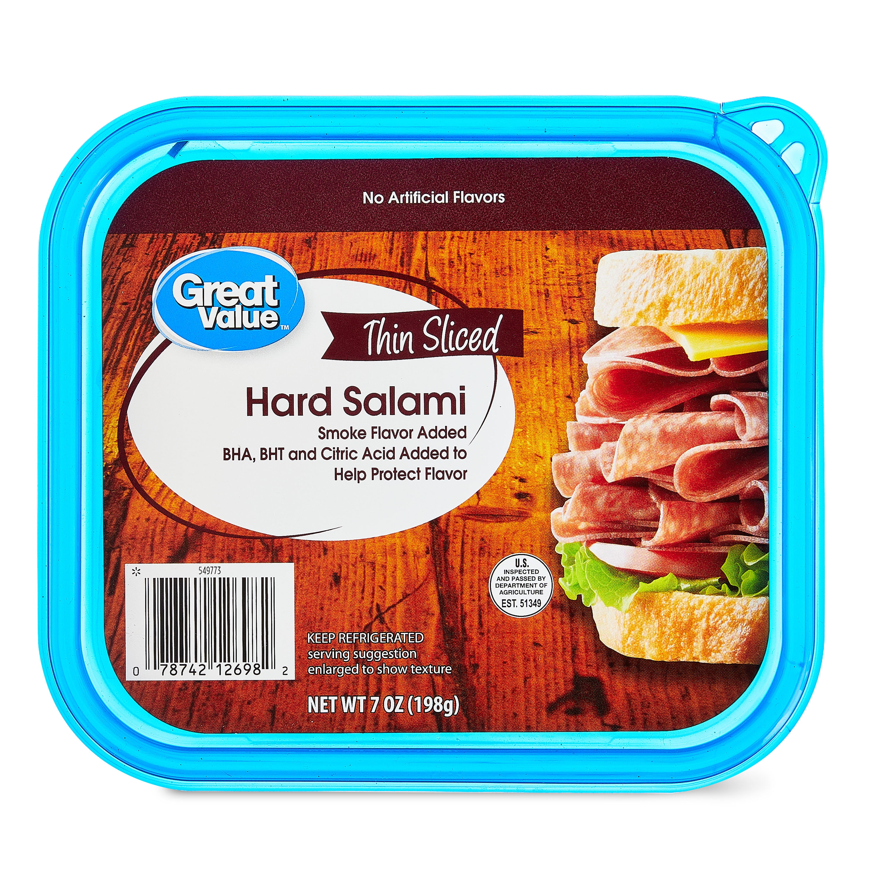 Great Value Thin Sliced Hard Salami Lunchmeat, Re-Sealable Plastic Container, 7 oz