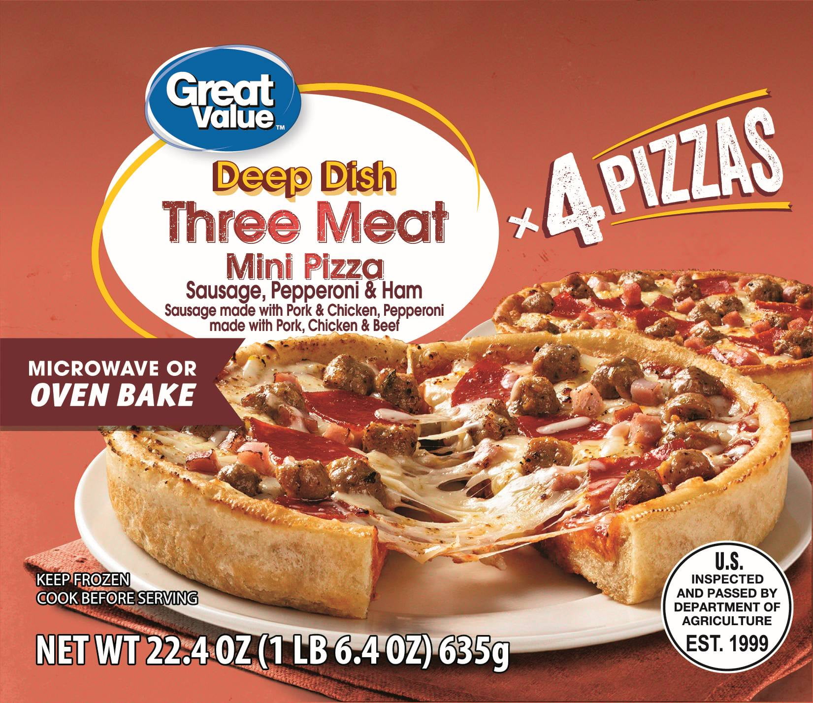 Great Value Three Meat Pizza, Deep Dish, Mini, 22.4 oz, 4 Count