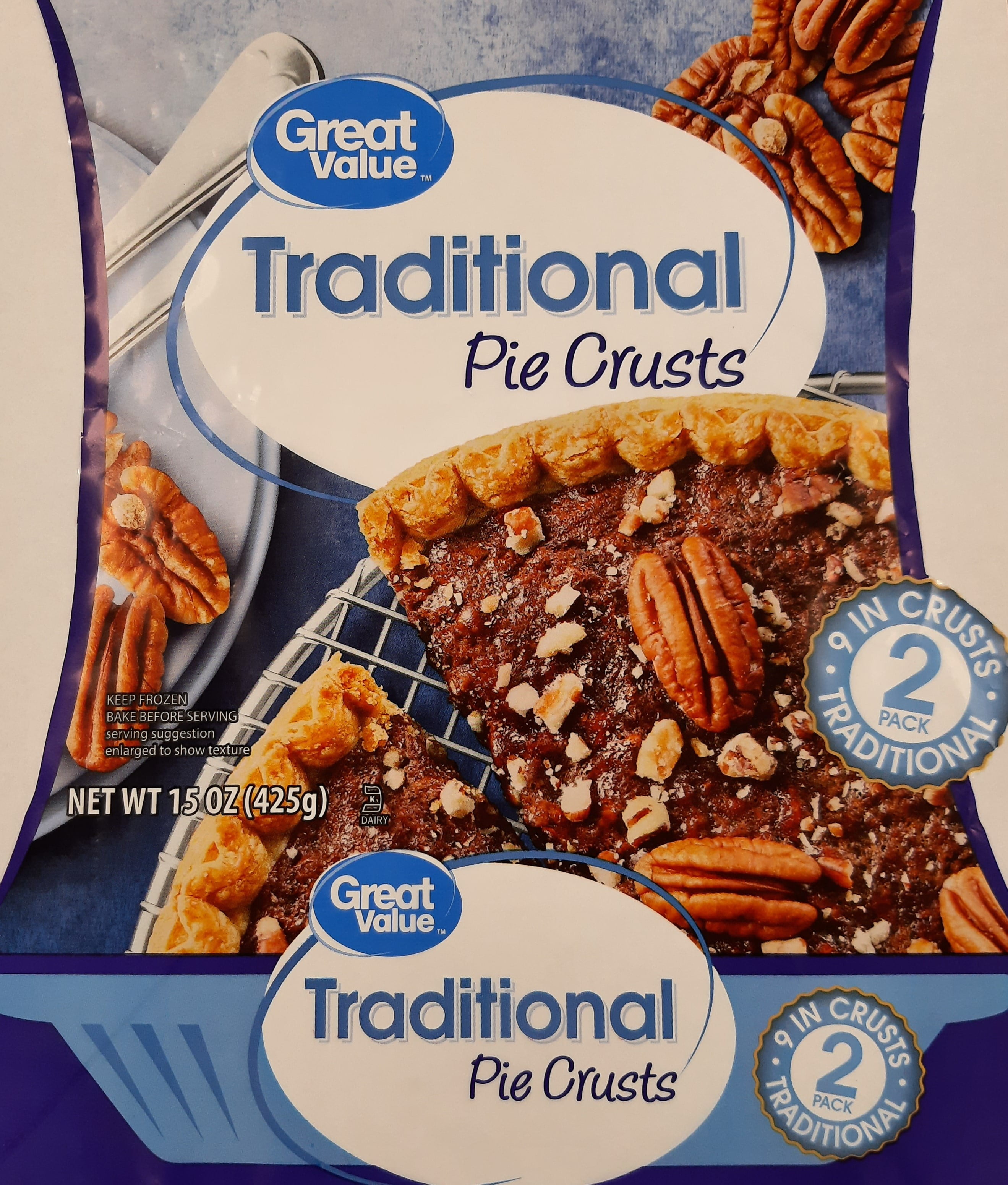 Great Value Traditional Pie Crusts, 9", 2 Count (Frozen)