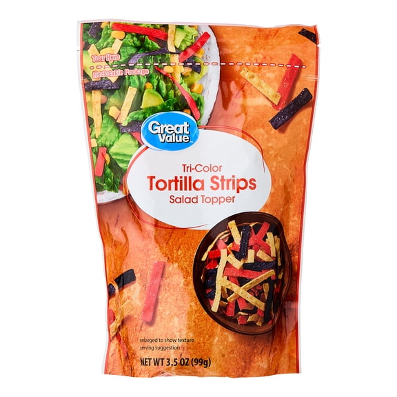 Great Value Tri-Color Tortilla Strips Salad Topping, 3.5 oz Resealable Bag