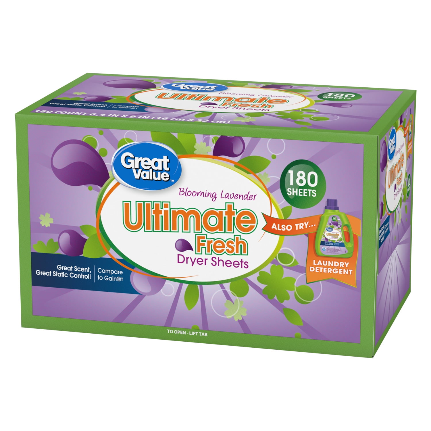Great Value Ultimate Fresh Dryer Sheets, Blooming Lavender, 180 Count, Compare to Gain