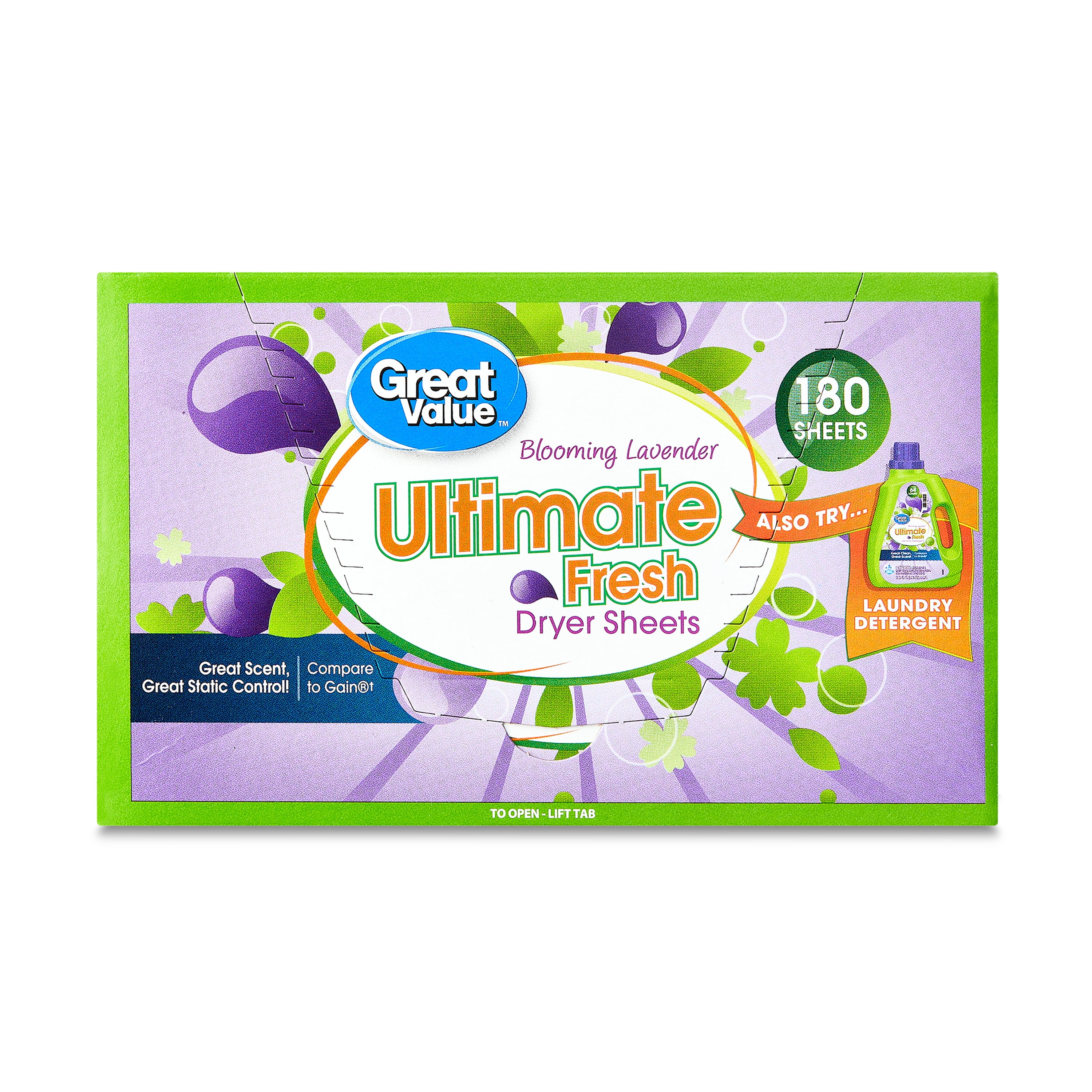 Great Value Ultimate Fresh Dryer Sheets, Blooming Lavender, 180 Count, Compare to Gain