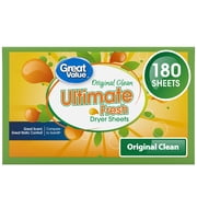 Great Value Ultimate Fresh Dryer Sheets, Original Clean, 180 Count, Compare to Gain®