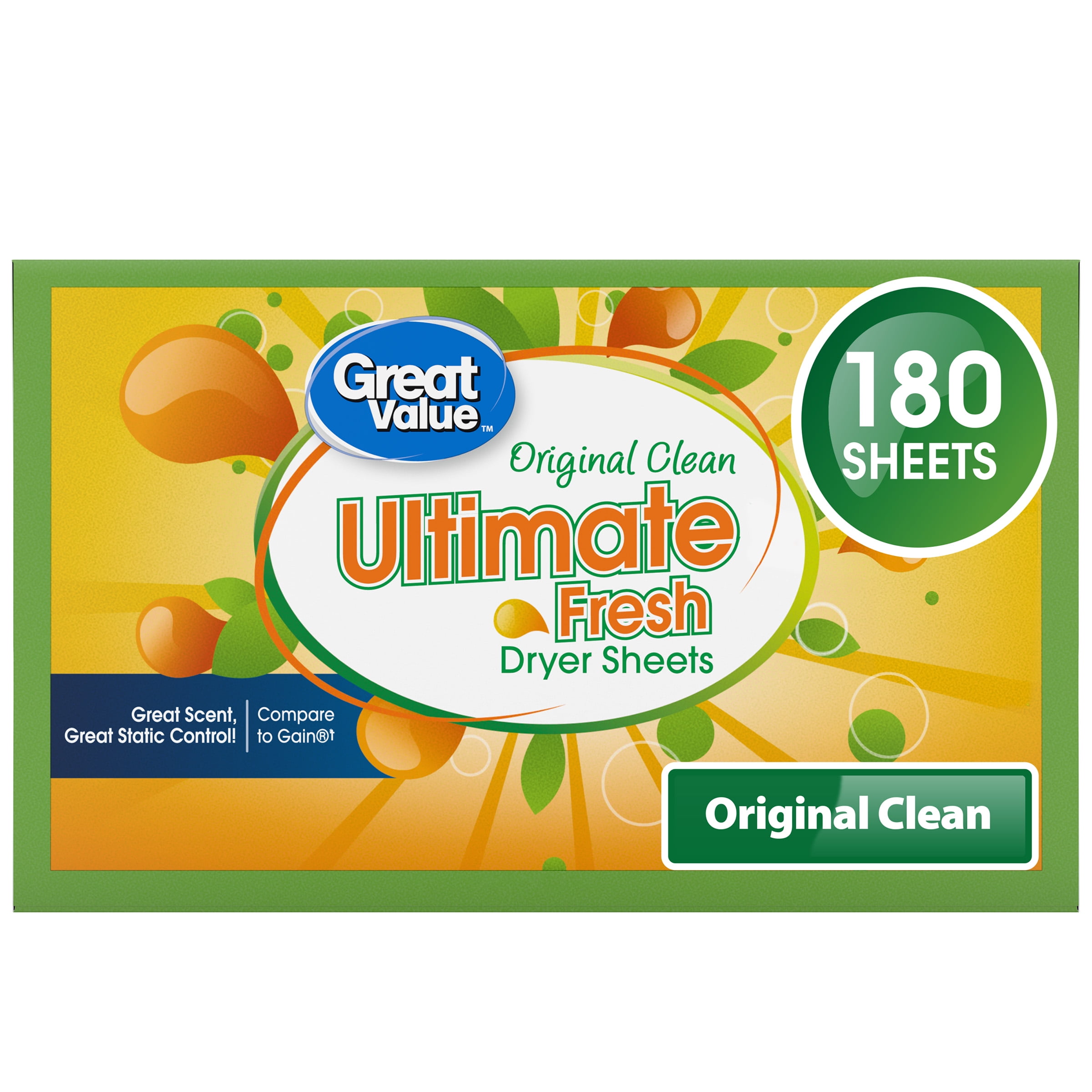 Great Value Ultimate Fresh Dryer Sheets, Original Clean, 180 Count, Compare to Gain®