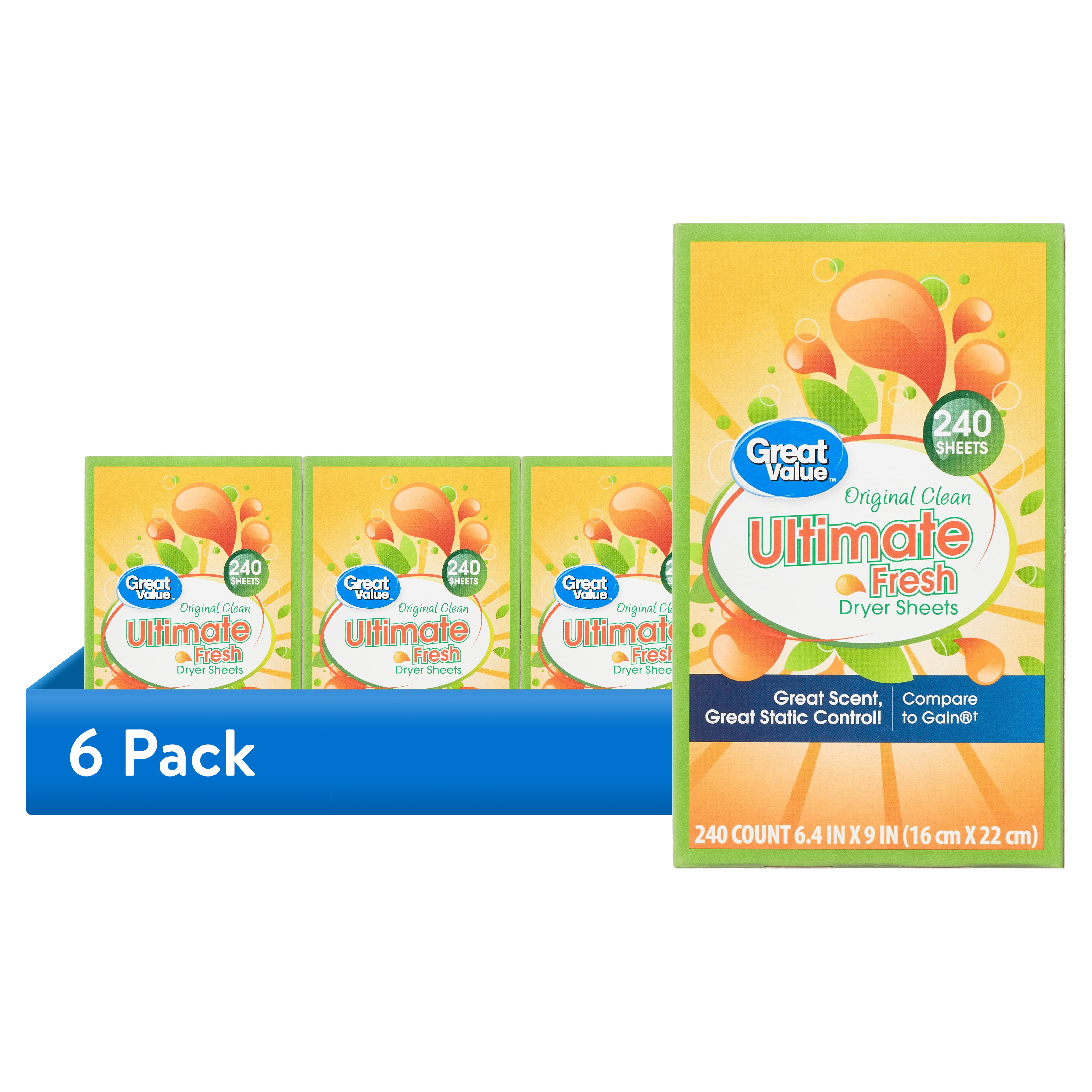 (6 pack) Great Value Ultimate Fresh Dryer Sheets, Original Clean, 240 Count, Compare to Gain®