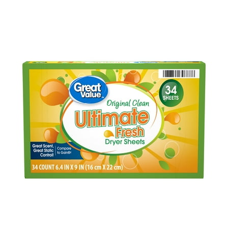 Great Value Ultimate Fresh Dryer Sheets, Original Clean, 34 Count, Compare to Gain®