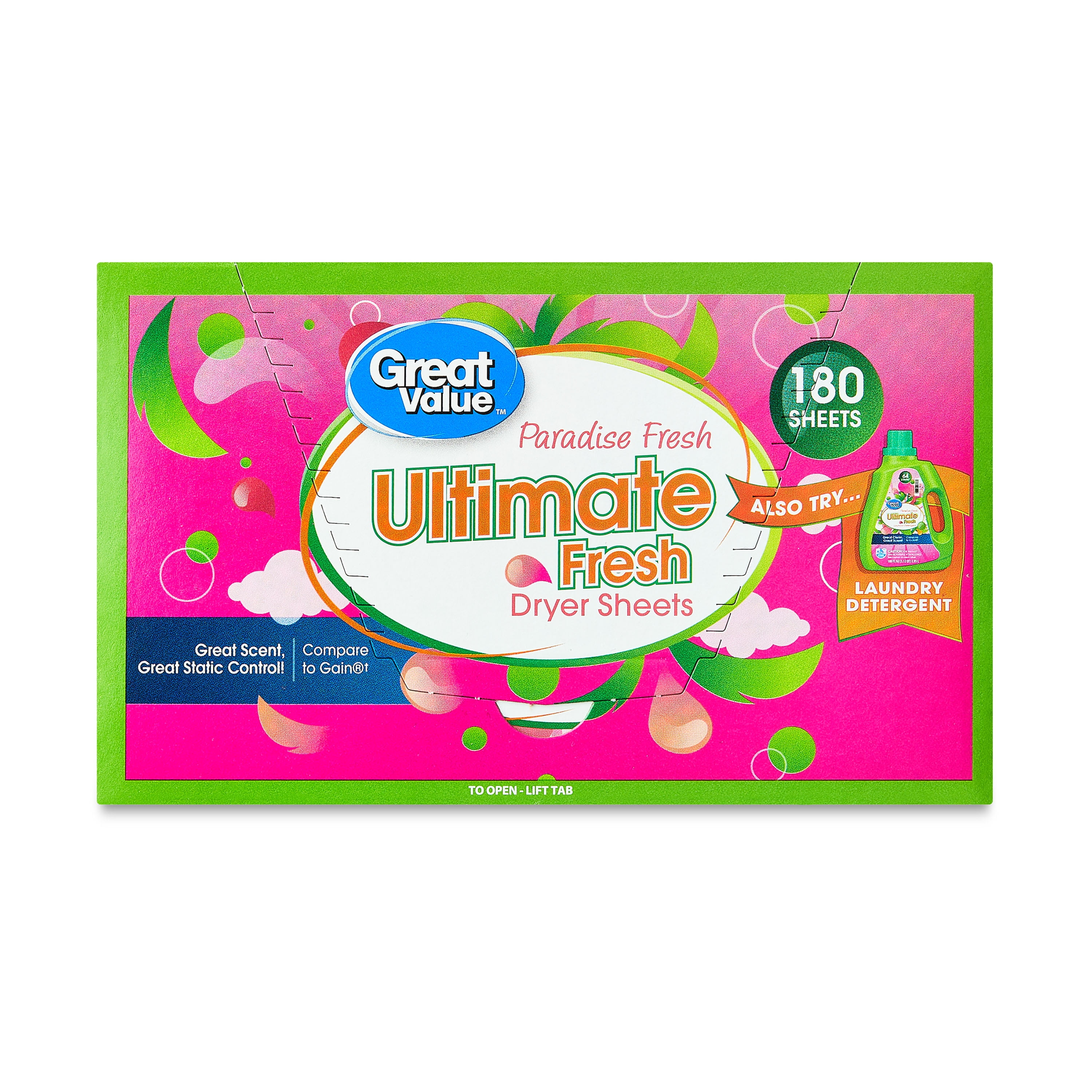 Great Value Ultimate Fresh Dryer Sheets, Paradise Fresh, 180 Count, Compare to Gain