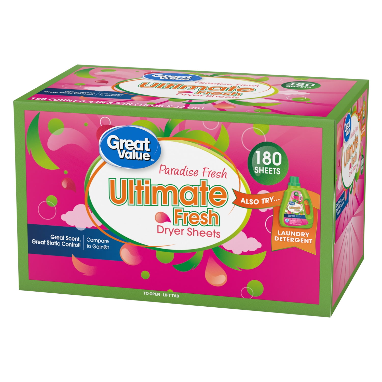 Great Value Ultimate Fresh Dryer Sheets, Paradise Fresh, 180 Count, Compare to Gain