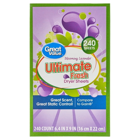 Great Value Ultimate Fresh Dryer Sheets, Blooming Lavender, 240 Count, Compare to Gain®