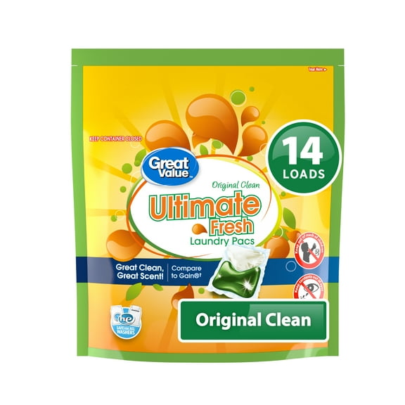 Great Value Ultimate Fresh Laundry Detergent Pacs, Original Clean, 14 Count