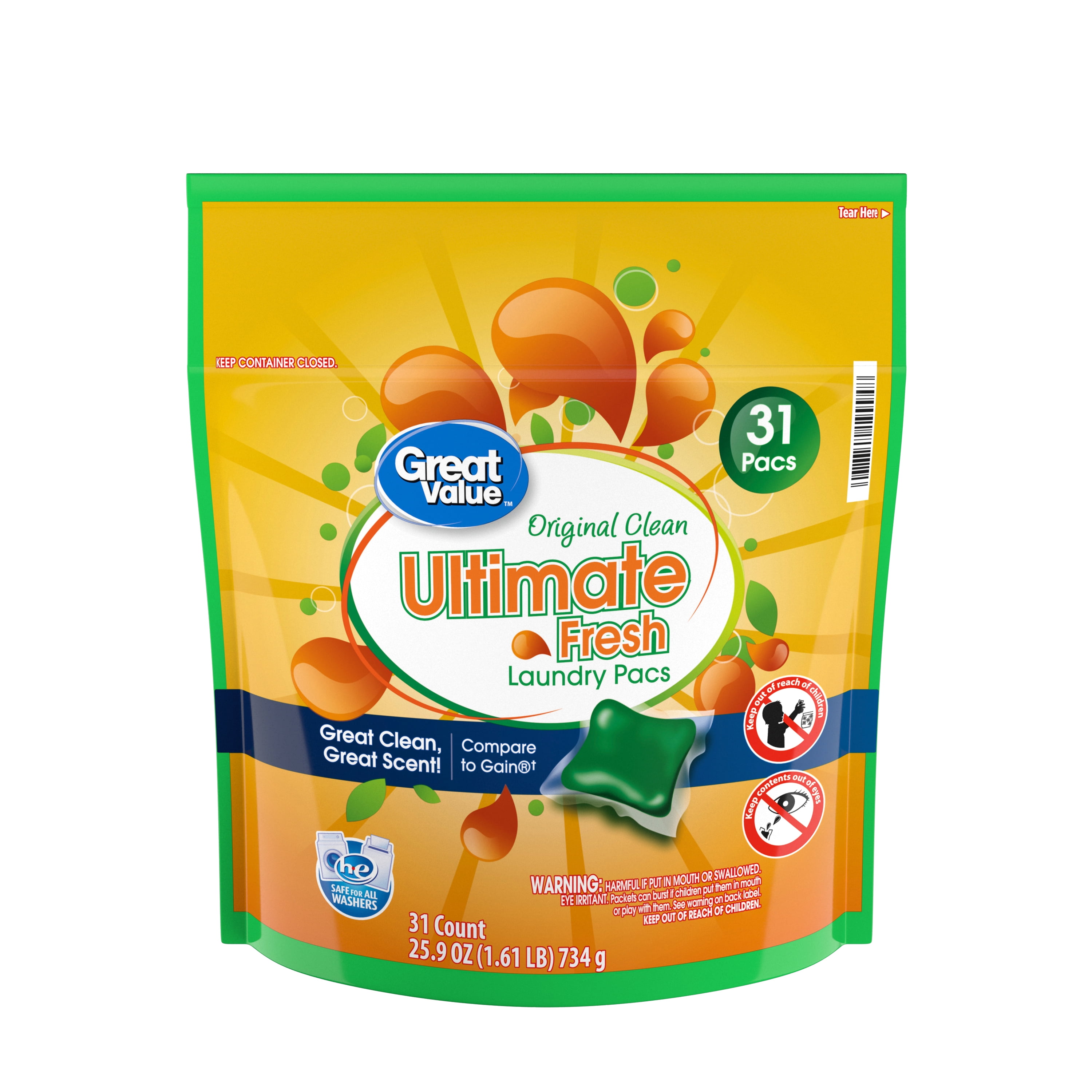 Great Value Ultimate Fresh Laundry Pacs, Original Clean, 31 Count