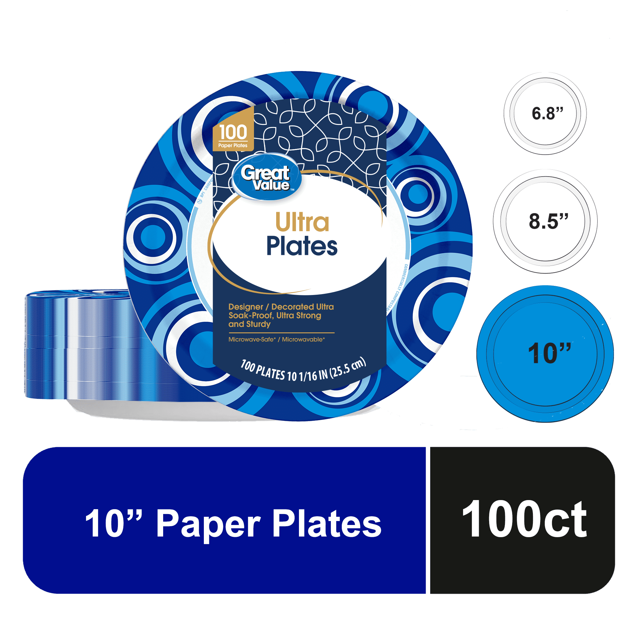 Great Value Ultra Disposable Paper Plates, 10 in, 100 Count