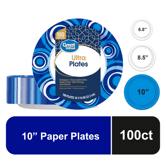 Great Value Ultra Disposable Paper Plates, 10", 100 Count