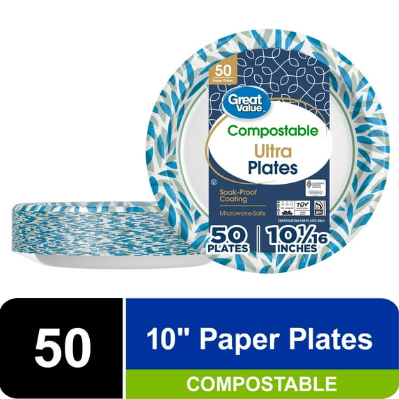 Great Value Ultra Compostable Paper Plates, White, 10 in, 50 Count