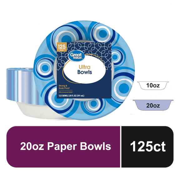 Great Value Ultra Disposable Paper Bowls, 20 oz, Multicolor, 125 Count