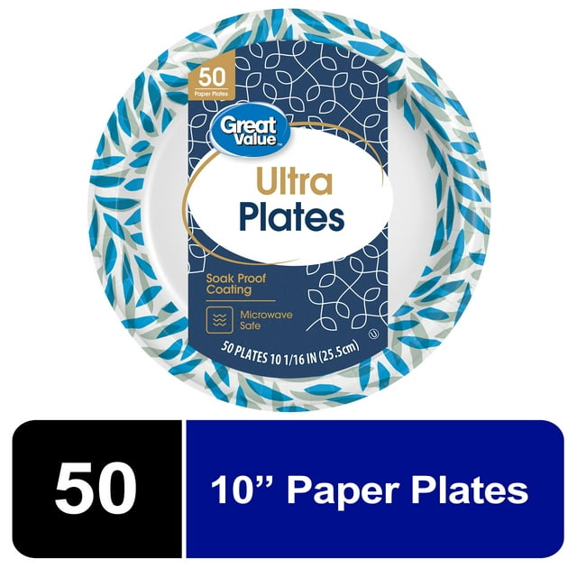 Great Value Ultra Disposable Paper Dinner Plates, White, 10 inch, 50