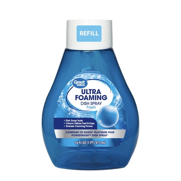 Great Value Ultra Foaming Dish Spray Dish Soap Refill, Fresh Scent, 16 fl oz
