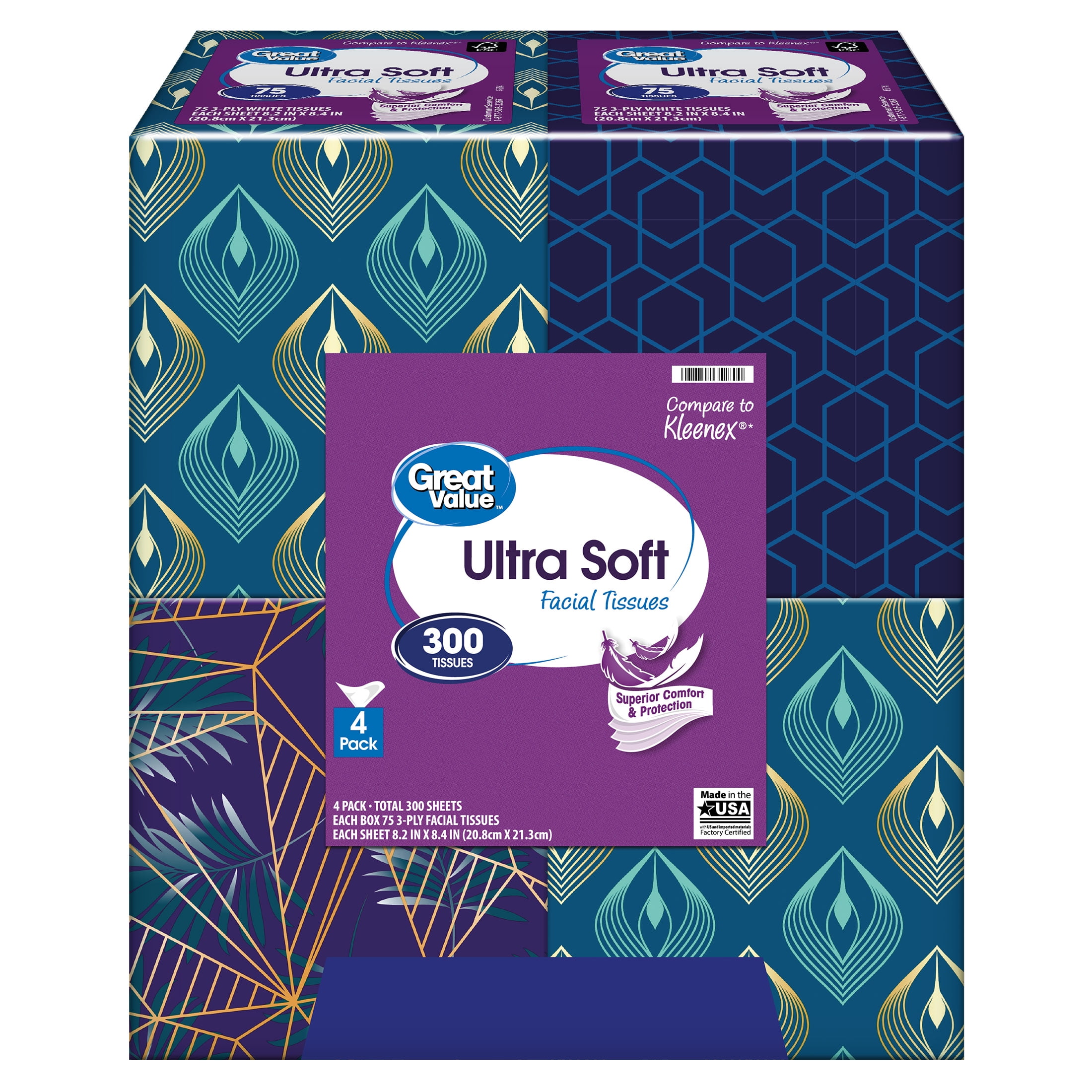 Great Value Ultra Soft 3Ply Cube Box Facial Tissues, 4 Pack (300 Total