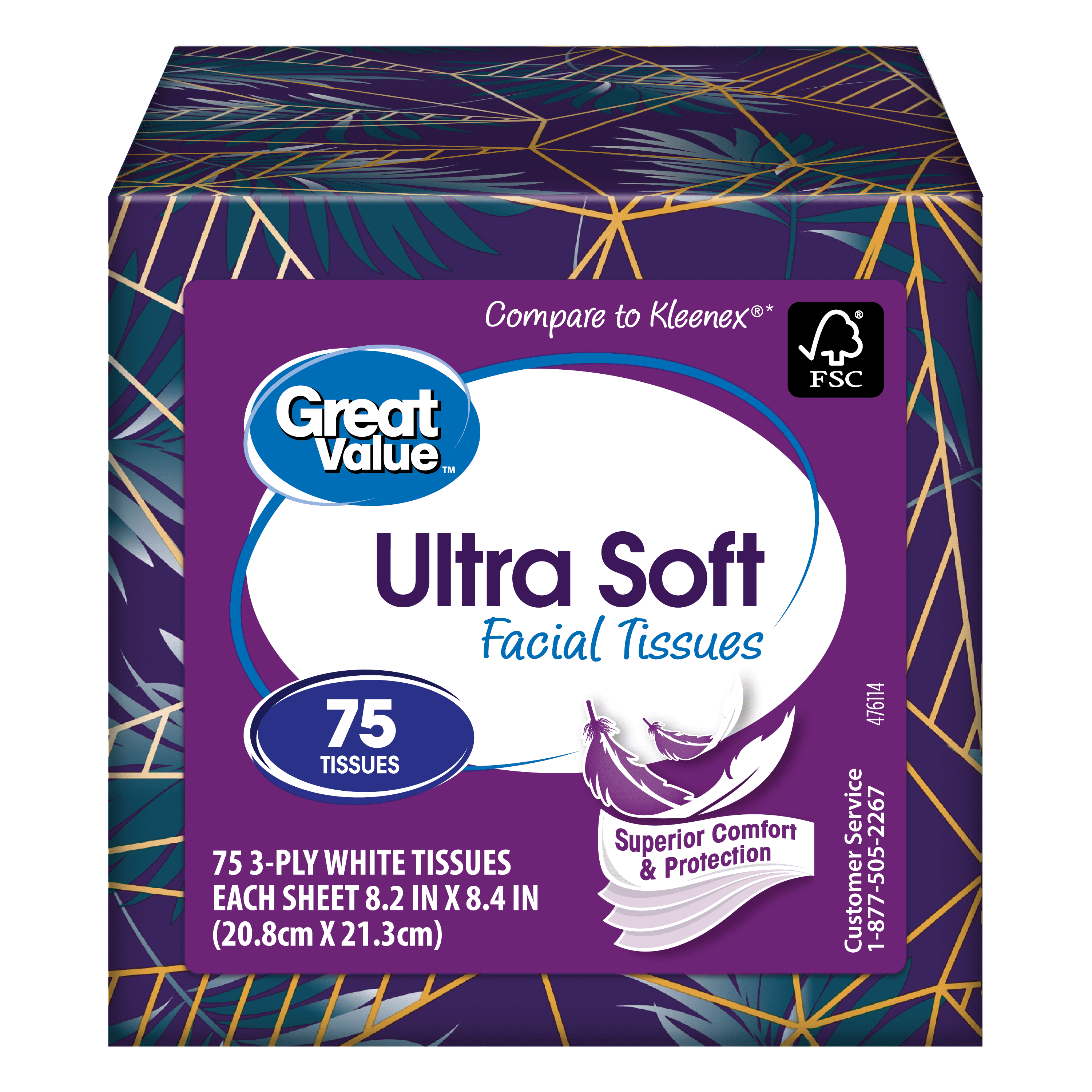 Great Value Ultra Soft Facial Tissues, 3Ply, 1 Cube Carton, (75 Total