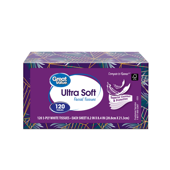 Great Value Ultra Soft 3-Ply Flat Box Facial Tissues (120 Total Tissues)