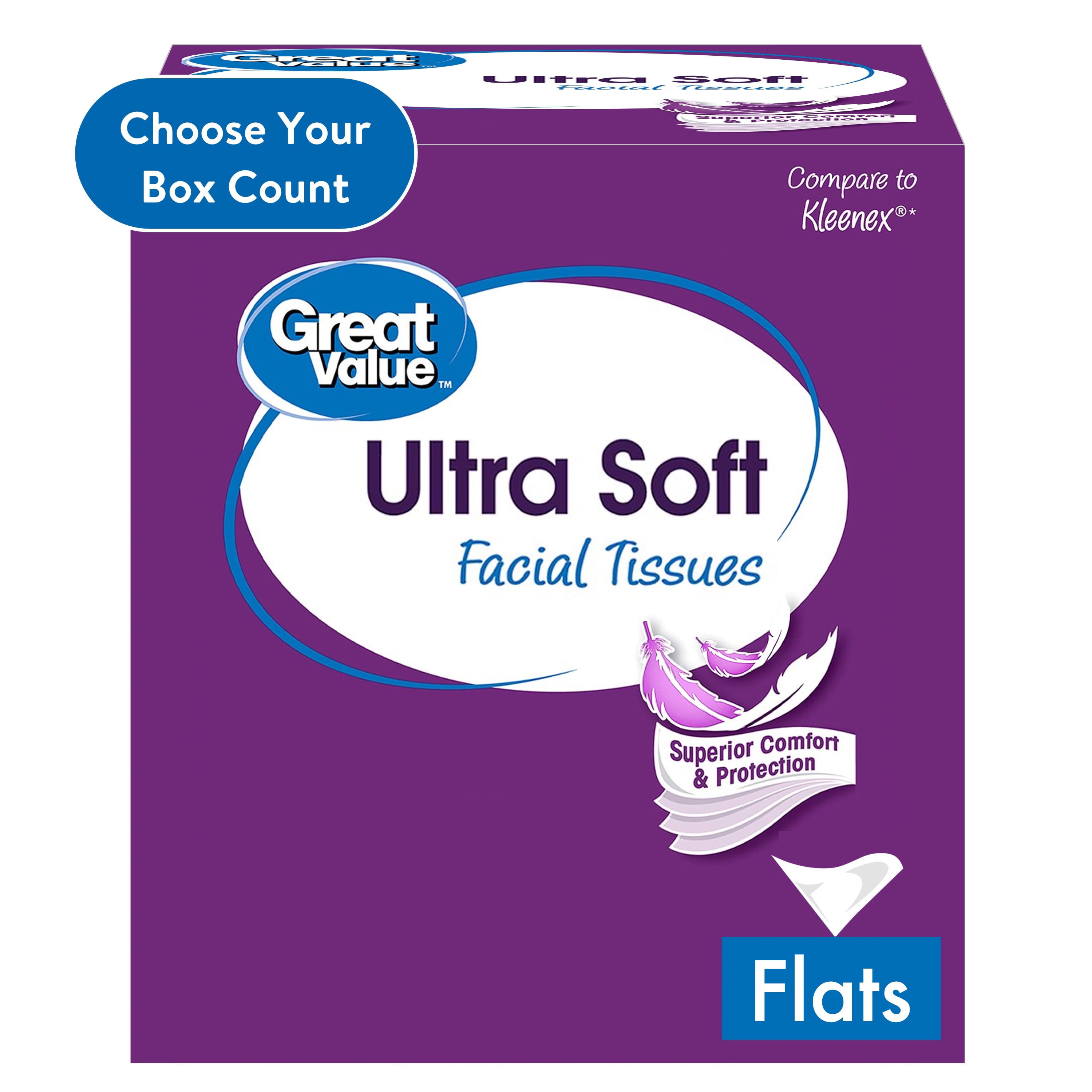 Great Value Ultra Soft 3Ply Flat Box Facial Tissues, 2 Pack (240 Total Tissues)