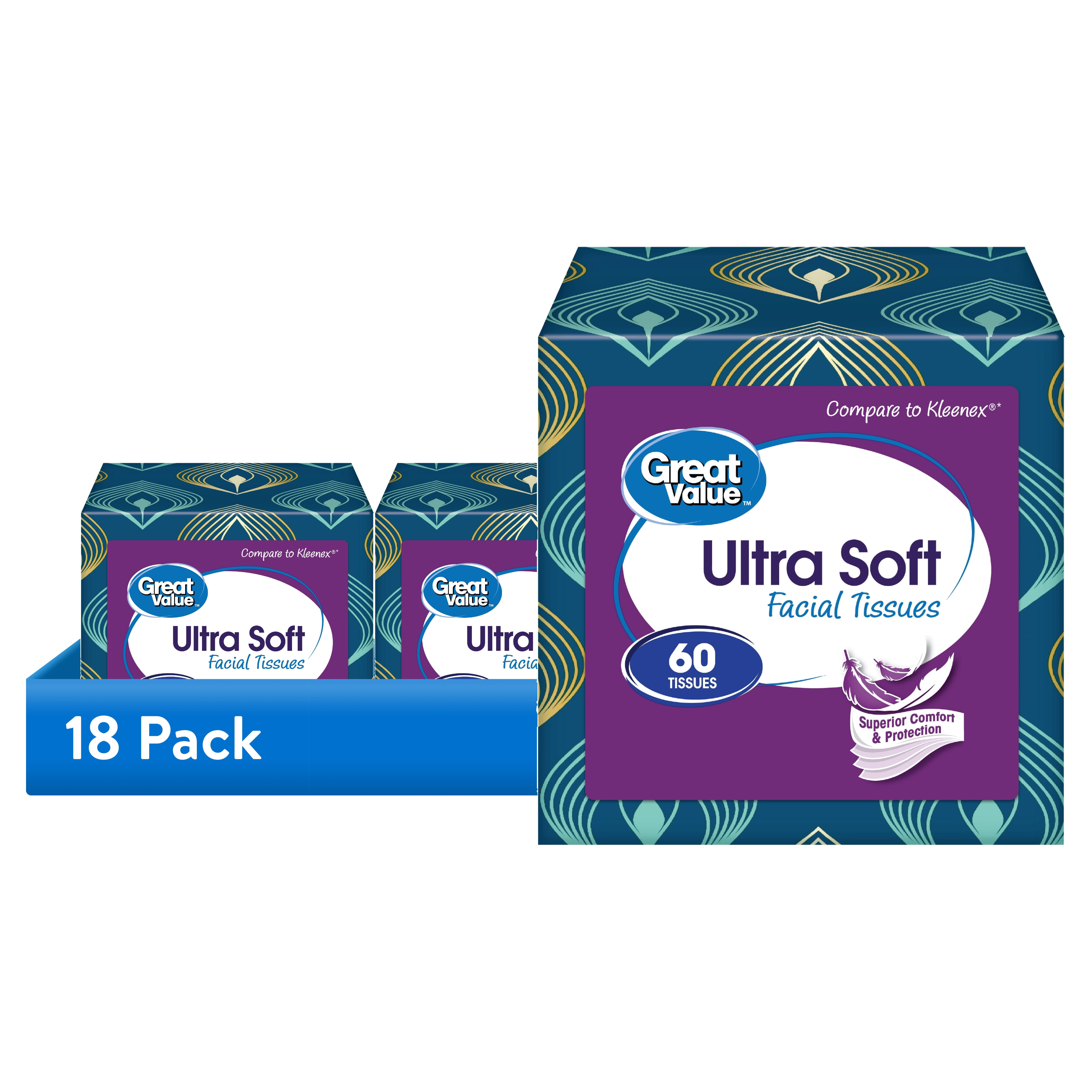 (18 pack) Great Value Ultra Soft Facial Tissues, 1 Cube, 60 Tissues per Cube, 3-Ply, Compare to Kleenex®