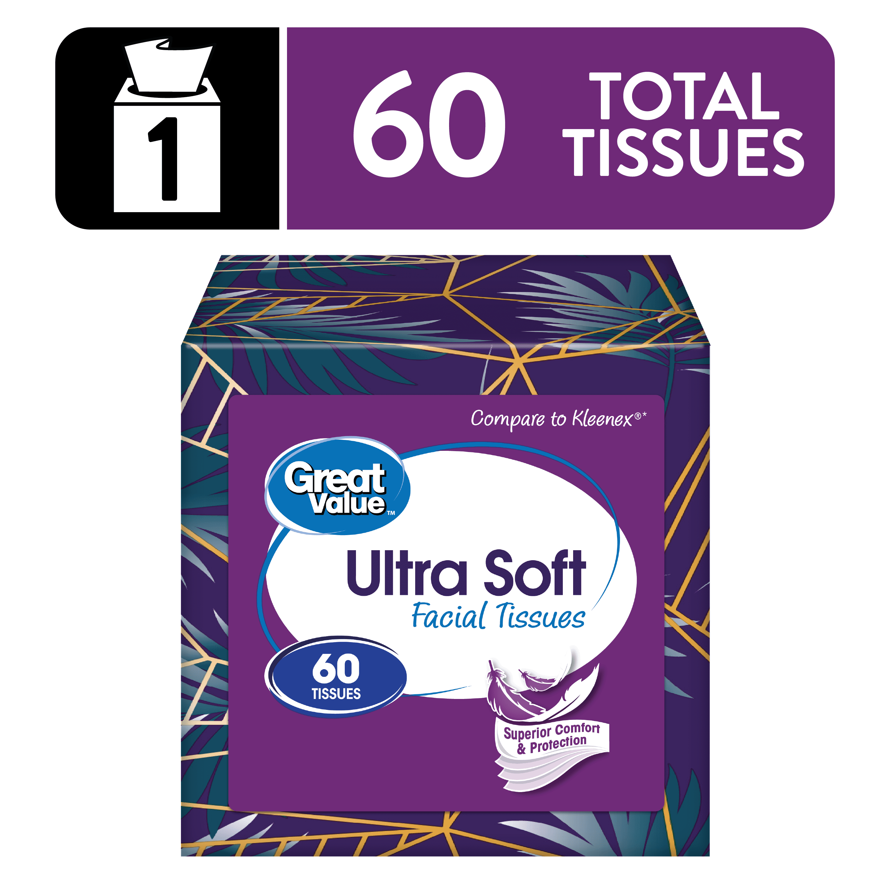 Great Value Ultra Soft Facial Tissues, 1 Cube, 60 Tissues per Cube, 3-Ply