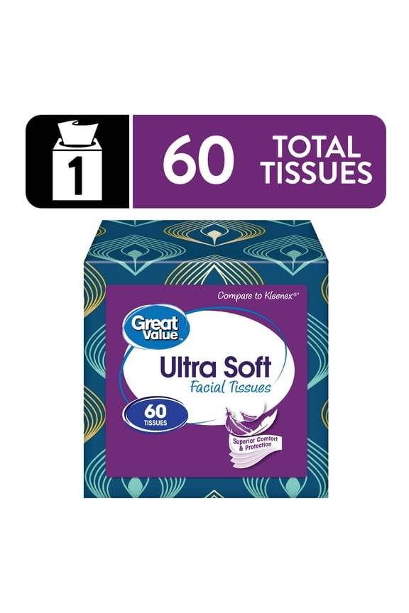 Ultra Soft Facial Tissues, 1 Cube, 60 Tissues, 3-Ply, Compare to Kleenex®