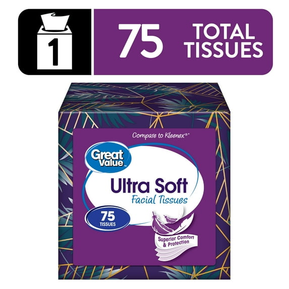 Great Value Ultra Soft Facial Tissues, 1 Cube Carton, 75 Tissues per Cube, 3-Ply