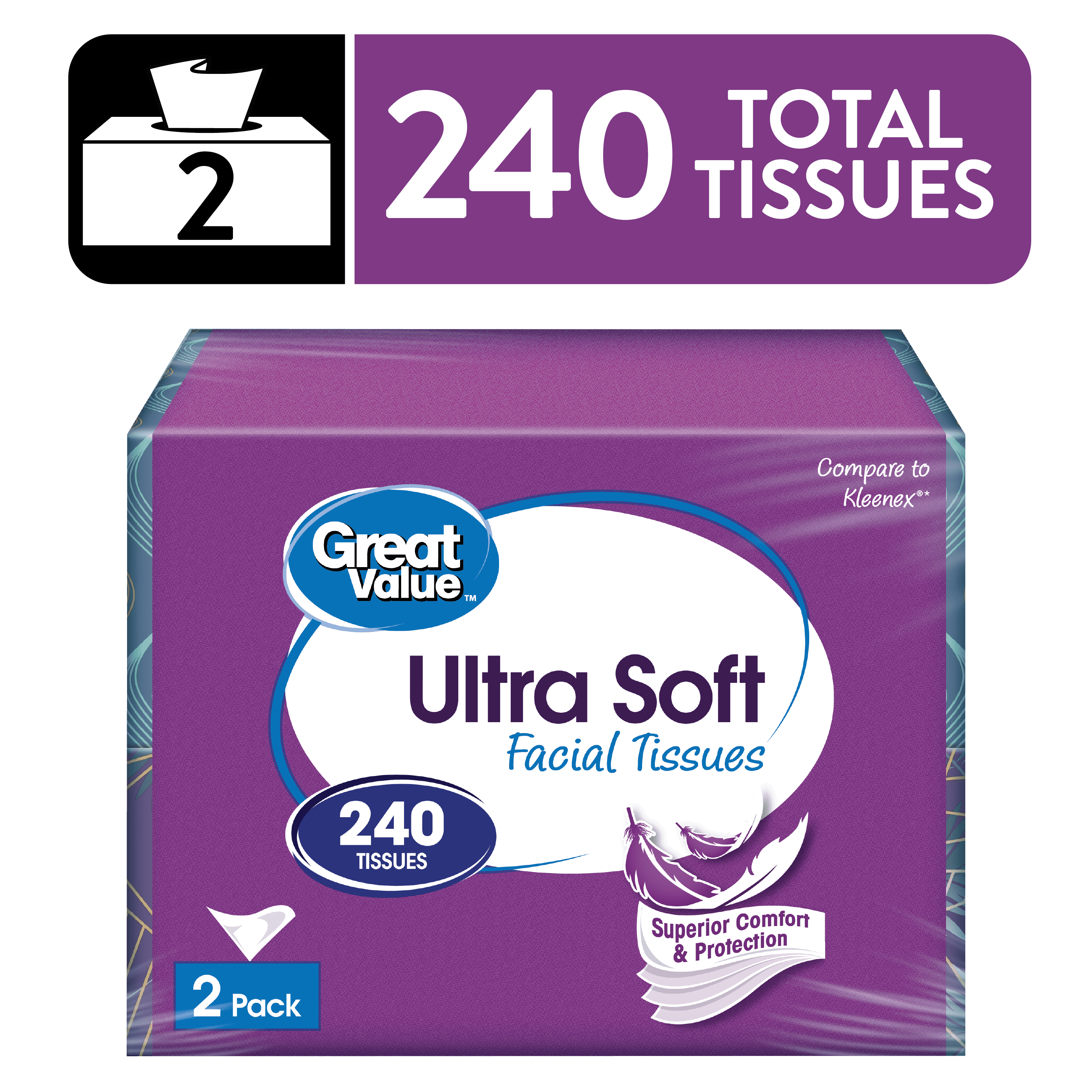 Great Value Ultra Soft Facial Tissues, 2 Flat Cartons, 120 Tissues per Flat, 3-Ply