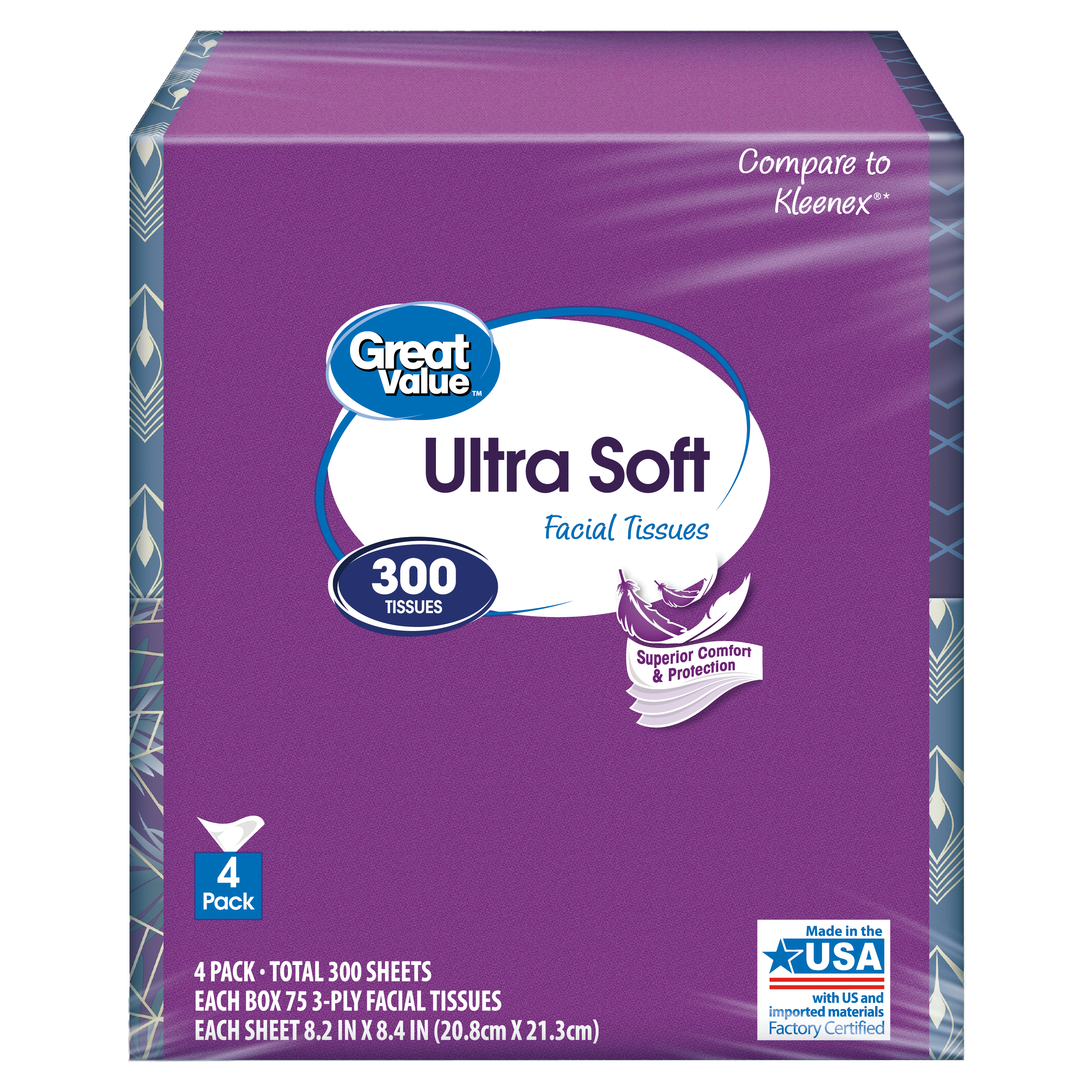 Great Value Ultra Soft Facial Tissues, 3Ply, 4 Cube Cartons (300 Total Tissues) Purple