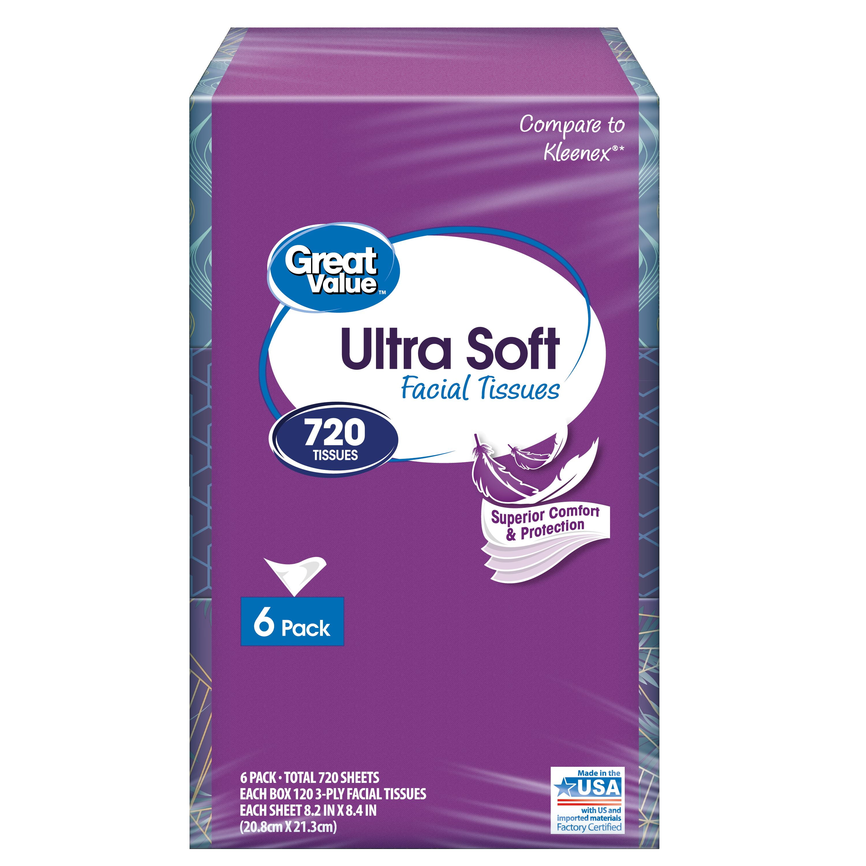 Great Value Ultra Soft Facial Tissues, 3Ply, 6 Flat Cartons, (720 Total Tissues) Purple