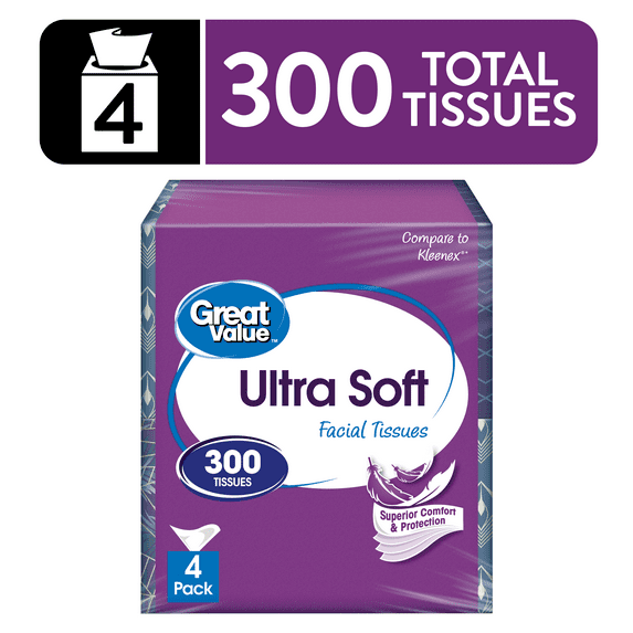 Great Value Ultra Soft Facial Tissues, 4 Cube Cartons, 75 Tissues per Cube, 3-Ply
