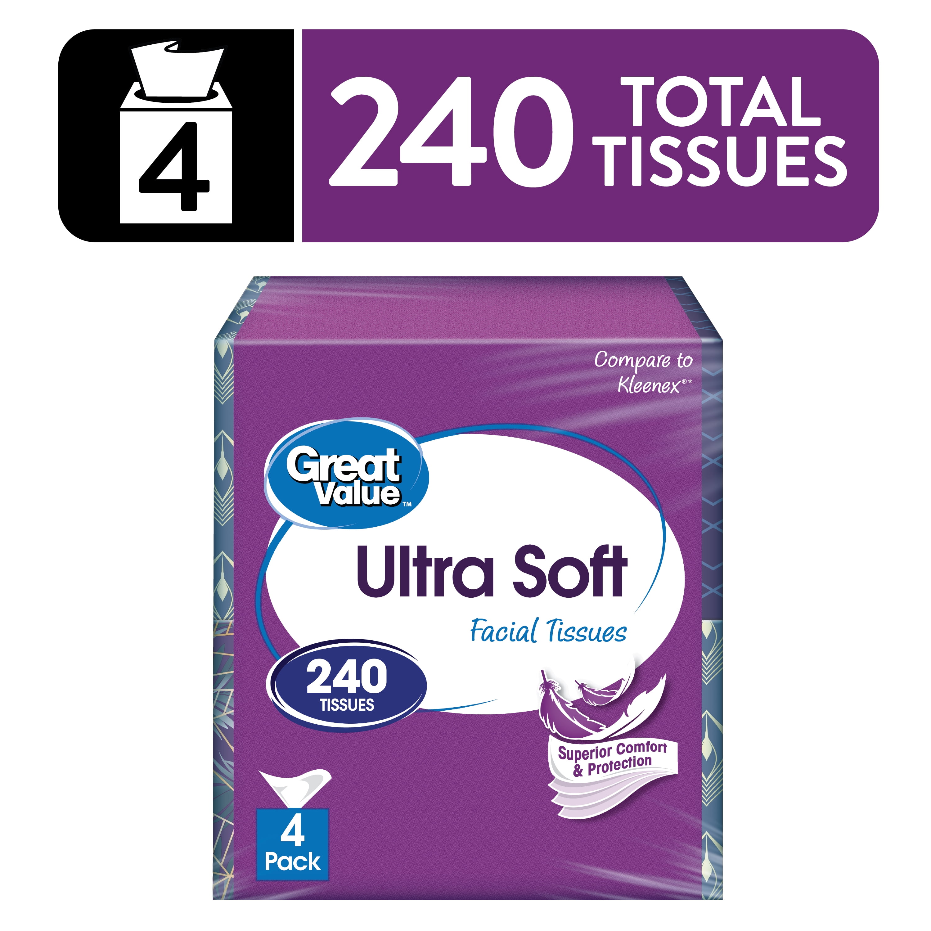 Great Value Ultra Soft Facial Tissues, 4 Cubes, 60 Tissues per Cube, 3-Ply, Compare to Kleenex
